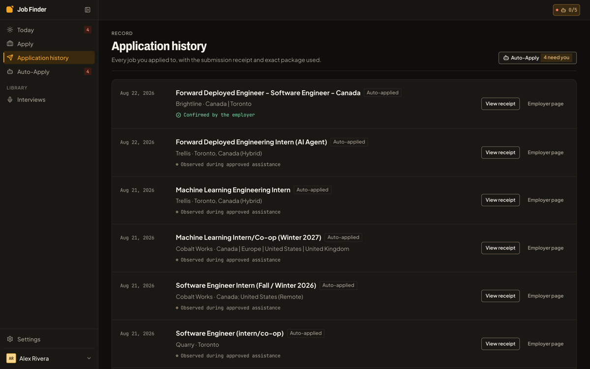 Application history: every submission with its date and the evidence that it landed.