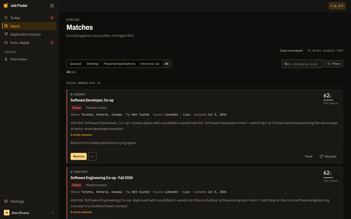 The Matches list: each role scored against your profile with the reasoning attached.