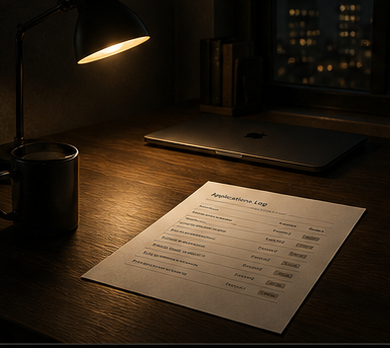 A desk at night lit by one lamp, a closed laptop, and a printed application log squared to the edge.